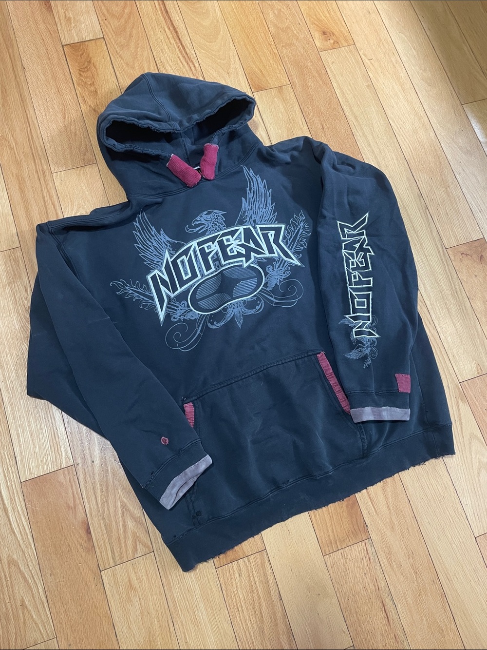 Black Graphic Pullover Hoodie with Maroon Trim